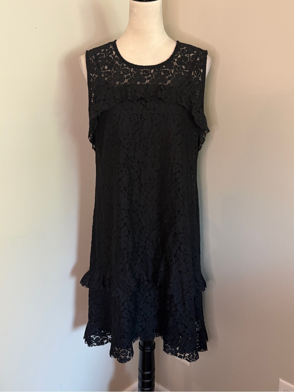 Weston Wear Anthropologie Black Lace Tiered Ruffle Shift Dress EUC Size Large